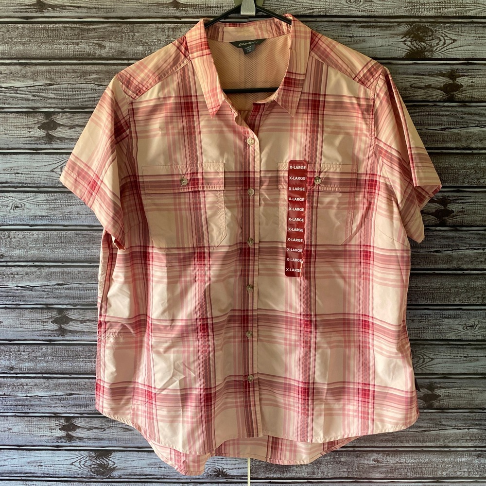 Eddie Bauer Women's Short-Sleeved Button-Down Top Size XL Pink Plaid Logo NWOT